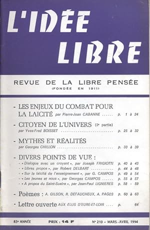 Seller image for L'ide libre. 1994. N 210. Revue de la libre pense. Mars-avril 1994. for sale by Librairie Et Ctera (et caetera) - Sophie Rosire