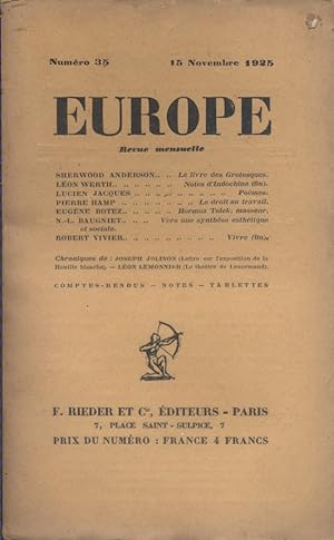 Europe. Revue mensuelle N° 35. Sherwood Anderson - Léon Werth - Lucien Jacques - Pierre Hamp. 15 ...