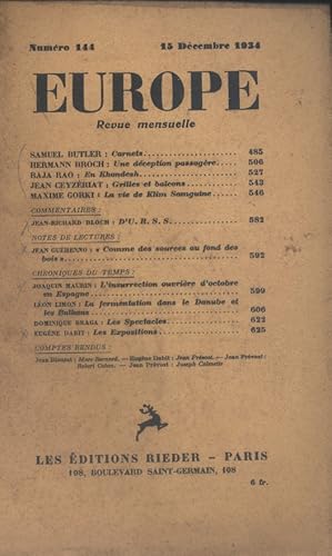 Europe N° 144 : Textes de Samuel Butler - Hermann Broch - Raja Rao - Jean Ceyzériat - Maxime Gork...