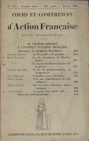 Cours et conférences d'Action Française. Revue trimestrielle. 7 e année. Nouvelle série N° 19. Ch...