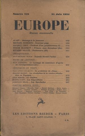 Europe N° 138 : Textes de Alain - Michael Roberts - Jacques Viot - Fédor Gladkov - Ignazio Silone...