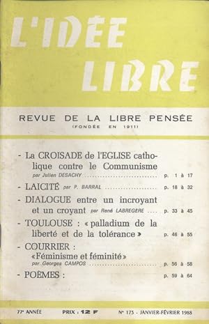 L'idée libre. 1988. N° 173. Revue de la libre pensée. Janvier-février 1988.