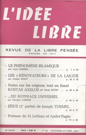 L'idée libre. 1989. N° 183. Revue de la libre pensée. Septembre-octobre 1989.