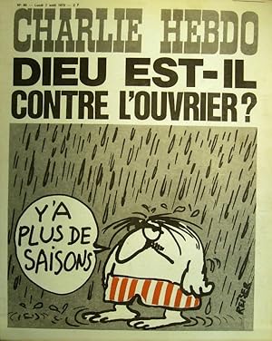Charlie Hebdo N° 90. Couverture de Reiser : Dieu est-il contre l'ouvrier? 7 août 1972.