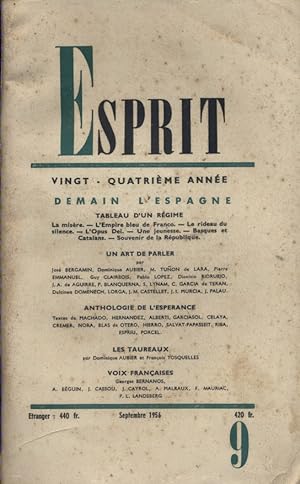 Revue Esprit. 1956, numéro 9 : Demain l'Espagne. Avec son bandeau vert de librairie. Septembre 1956.