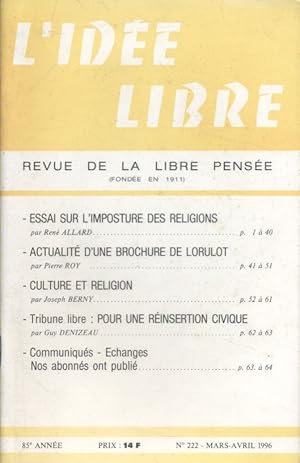 Seller image for L'ide libre. 1996. N 222. Revue de la libre pense. Mars-avril 1996. for sale by Librairie Et Ctera (et caetera) - Sophie Rosire