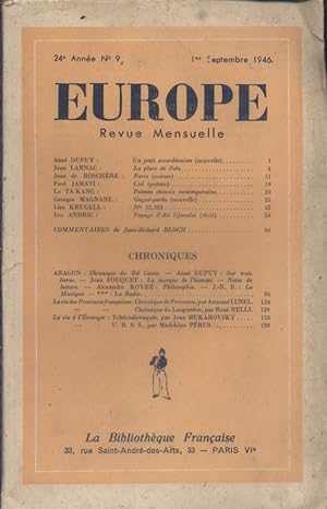 Europe. Revue mensuelle. 1946 N° 9. Aimé Dupuy - Jean Larnac - Jean de Boschère - Georges Magnane...