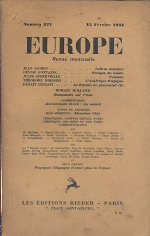 Europe N° 122 : Textes de Jean Jaurès - Denise Fontaine - Jules Supervielle - Théodore Dreiser - ...
