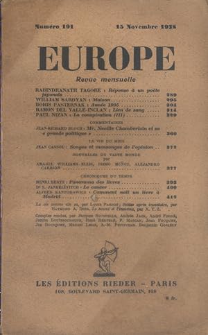 Europe. Revue mensuelle N° 191. 15 novembre 1938.
