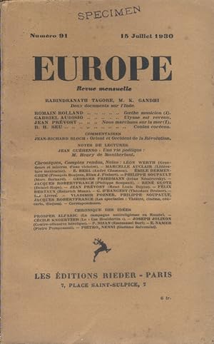 Europe N° 91 : Deux documents sur Rabindranath Tagore - M. K. Gandhi. Textes de Romain Rolland - ...