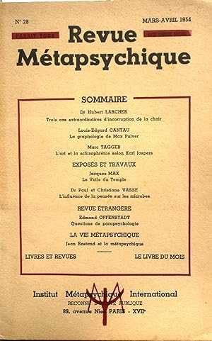 Revue Métapsychique N° 28. Deux pages de photographies hors-texte. Bandeau de librairie: Trois ca...