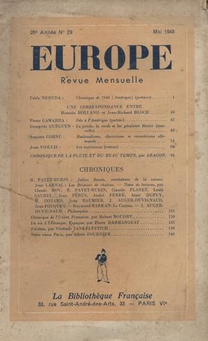 Europe. Revue mensuelle. 1948 N° 29. Pablo Néruda - Correspondance entre Romain Rolland et Jean-R...