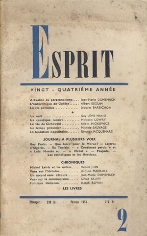 Revue Esprit. 1956, numéro 2. Articles de Jean-Marie Domenach - Albert Béguin - Guy Lévis Mano - ...