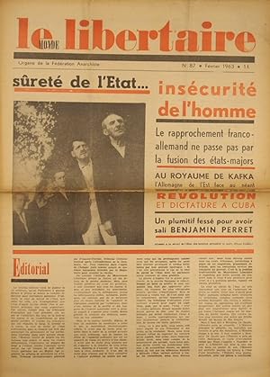 Le Monde libertaire N° 87. Organe de la Fédération anarchiste. Mensuel. Sûreté de l'Etat, insécur...