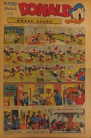 Seller image for Hardi prsente Donald. N 197. Hebdomadaire. Bandes dessines : Donald - Le Pre Lacloche - Bob Rilet - Le cow-boy masqu - Pim! Pam! Poum! - Luc Bradefer - Les aventures de Dick - Mandrake - Le roi de la police monte - D. D. Mystre 31 dcembre 1950. for sale by Librairie Et Ctera (et caetera) - Sophie Rosire