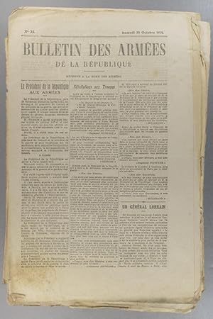 Imagen del vendedor de Bulletin des armes de la Rpublique N 35. Rserv  la zone des armes. Contient le tableau d'honneur, citations  l'ordre de l'arme. 10 octobre 1914. a la venta por Librairie Et Ctera (et caetera) - Sophie Rosire