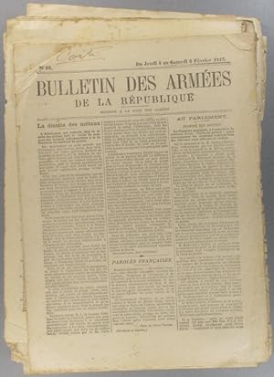 Imagen del vendedor de Bulletin des armes de la Rpublique N 69. Rserv  la zone des armes. Contient le tableau d'honneur, citations  l'ordre de l'arme. 4-6 fvrier 1915. a la venta por Librairie Et Ctera (et caetera) - Sophie Rosire