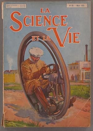 La science et la vie N° 69. Couverture en couleurs : Un curieux monocycle automobile. Mars 1923.