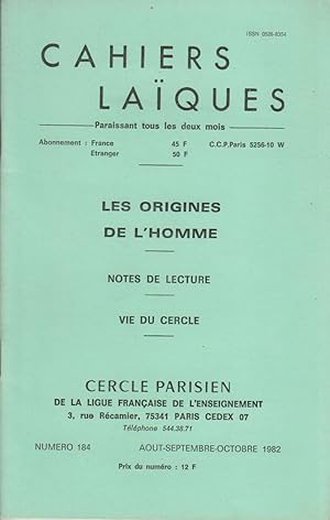 Cahiers laïques N° 184. Les origines de l'homme. Août-octobre 1982.