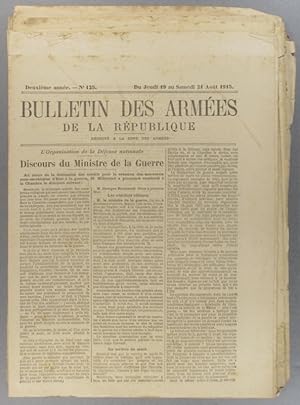 Imagen del vendedor de Bulletin des armes de la Rpublique N 125. Rserv  la zone des armes. Contient le tableau d'honneur, citations  l'ordre de l'arme. 19-21 aot 1915. a la venta por Librairie Et Ctera (et caetera) - Sophie Rosire