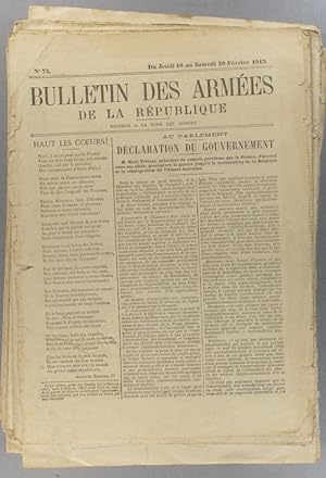 Bulletin des armées de la République N° 73. Incomplet. Réservé à la zone des armées. 18-20 févrie...