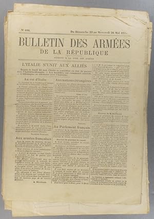 Imagen del vendedor de Bulletin des armes de la Rpublique N 100. Rserv  la zone des armes. Contient le tableau d'honneur, citations  l'ordre de l'arme. 13-26 mai 1915. a la venta por Librairie Et Ctera (et caetera) - Sophie Rosire