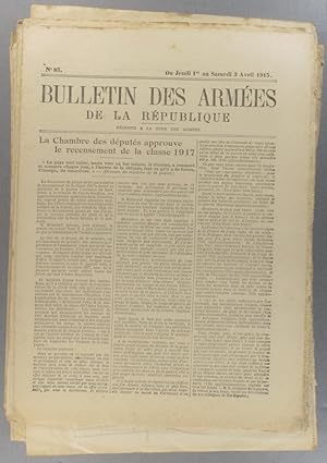 Imagen del vendedor de Bulletin des armes de la Rpublique N 85. Rserv  la zone des armes. Contient le tableau d'honneur, citations  l'ordre de l'arme. 1-3 avril 1915. a la venta por Librairie Et Ctera (et caetera) - Sophie Rosire