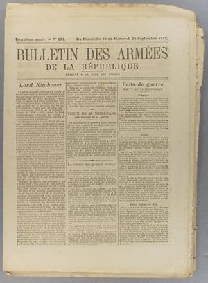 Imagen del vendedor de Bulletin des armes de la Rpublique N 134. Rserv  la zone des armes. Contient le tableau d'honneur, citations  l'ordre de l'arme. 19-22 septembre 1915. a la venta por Librairie Et Ctera (et caetera) - Sophie Rosire