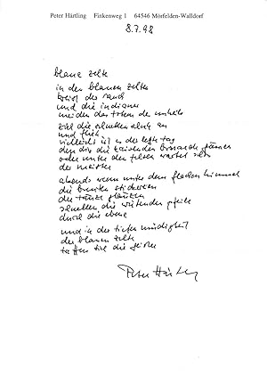 Eigenhändiges Gedicht "blaue Zelte" mit U.