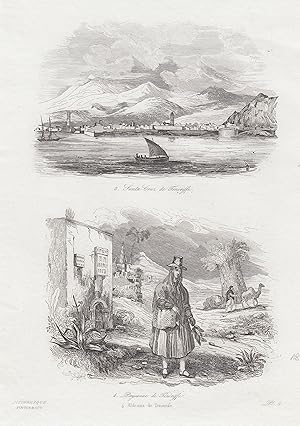 Bild des Verkufers fr 2 Ansichten auf einem Blatt,. Oben PUERTO de la CRUZ, Gesamtansicht, Blick vom Meer aus, "Santa Cruz de Teneriffe", darunter "Paysanne de Teneriffe und Aldeana de Teneriffe". zum Verkauf von Antiquariat Clemens Paulusch GmbH