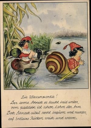 Seller image for Knstler Ansichtskarte / Postkarte Die Wasserpartie, Zwerge Schnick und Schnack, Ente, Schneckenhaus for sale by akpool GmbH