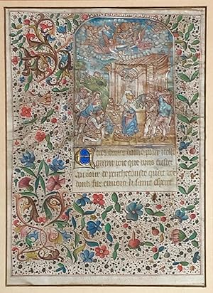 Illuminated Manuscript Leaf with miniature of the Birth of Jesus from a French Book of Hours: ...
