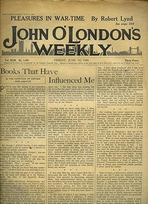 Imagen del vendedor de John O'London's Weekly | Volume XLIII. Issue Number 1105 | Friday, June 14, 1940 | H. E. Bates - Full Short Story 'Love is Not Love'; Campbell Nairne 'Scourge of the Moors'; Pamela Hansford Johnson 'A Spanish Woman Rebel'; Richard Prentis 'Oswald's Mother - Katine Paxinou (with photograph); Gerald Bullett 'A Scientist on Religion - Sir Richard Gregory'. a la venta por Little Stour Books PBFA Member