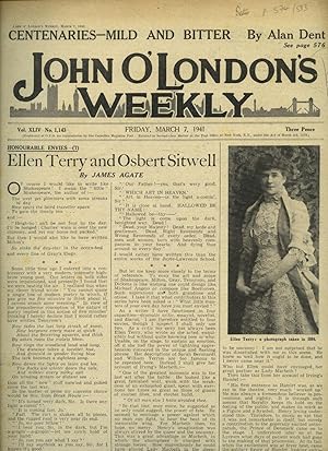 Imagen del vendedor de John O'London's Weekly | Volume XLIV. Issue Number 1143 | Friday, March 7, 1941 | H. E. Bates 'Henry Williamson' and 'New Books Reviewed'; John Harley-Mason 'Tracking Down the Virus'; James Agate 'Ellen Terry and Osbert Sitwell'; Alan Dent 'Centenaries Mild and Bitter'; Hoole Jackson 'Cornwall in Peace and War'. a la venta por Little Stour Books PBFA Member