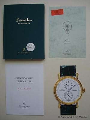 Imagen del vendedor de Zeitzeichen. Das Buch mit dem Tick. Beiliegen: (1) Preisliste 1.6.2001 (2) Chronoscope Timemaster, Neuheiten Basel 2000. 8 Blatt. (3) Prospekt in Uhrenform. 2. Auflage. a la venta por Antiquariat Hans-Jrgen Ketz