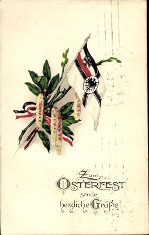 Ansichtskarte / Postkarte Glückwunsch, Ostern, Weidenkätzchen, Reichskriegsflagge, Patriotismus