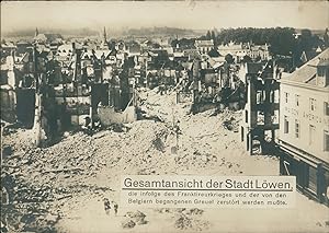 Première Guerre Mondiale 1914/18, Vue générale de la ville de Louvain détruite, vintage silver pr...