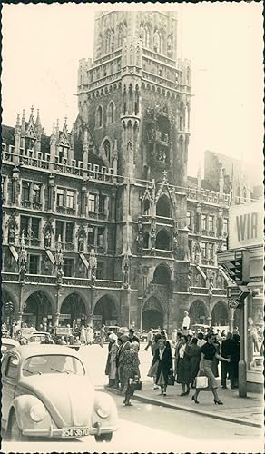 Allemagne, Munich, L'horloge de l'Hôtel de Ville, 1952, Vintage silver print