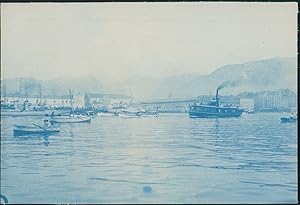 France, Bateaux dans un port, ca.1910, Vintage cyanotype print