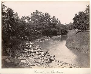 Indonesia, Java, Batavia, Mencuci di atas bambu yang diapungkan di tepi Sungai Ciliwung di daerah...