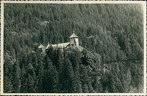 Autriche, sur la route d'Innsbruck, château et pont suspendu, 1949, Vintage silver print