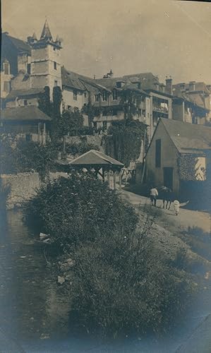 France, Pyrénées, Argeles Gazost, La tour Mendagne et les vieilles maisons, 1911, Vintage silver ...