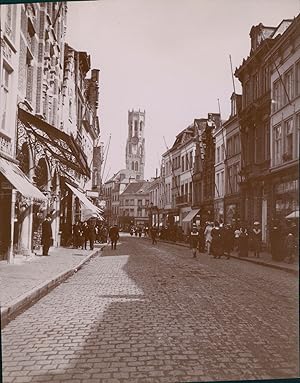 Belgique, Bruges, Rue et Beffroi, ca.1900, Vintage citrate print