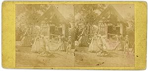 Stereo Great Britain ? Family playing in the garden, half-timbered house, circa 1870