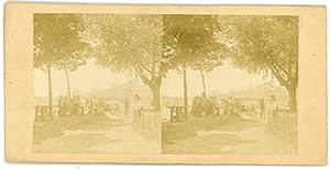 STEREO Groupe en pose sur la berge d'une ville à identifier, circa 1870