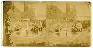 STEREO Fontaine dans un jardin à identifier, circa 1870