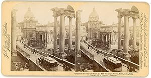 Stereo Italie, Italia, Rome, Roma, Forum, colonne du temple de Saturne et Arc de Septime Severe, ...