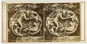 STEREO Sculpture vieil homme ailé, femme nue, déesse, chérubins, circa 1870