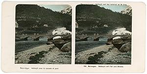 Stereo Norvège, Norge, Hellesylt, la cascade et le pont, circa 1900, colorisée