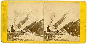 STEREO France, Montagne enneigée à identifier, homme en pose après une randonnée, circa 1870